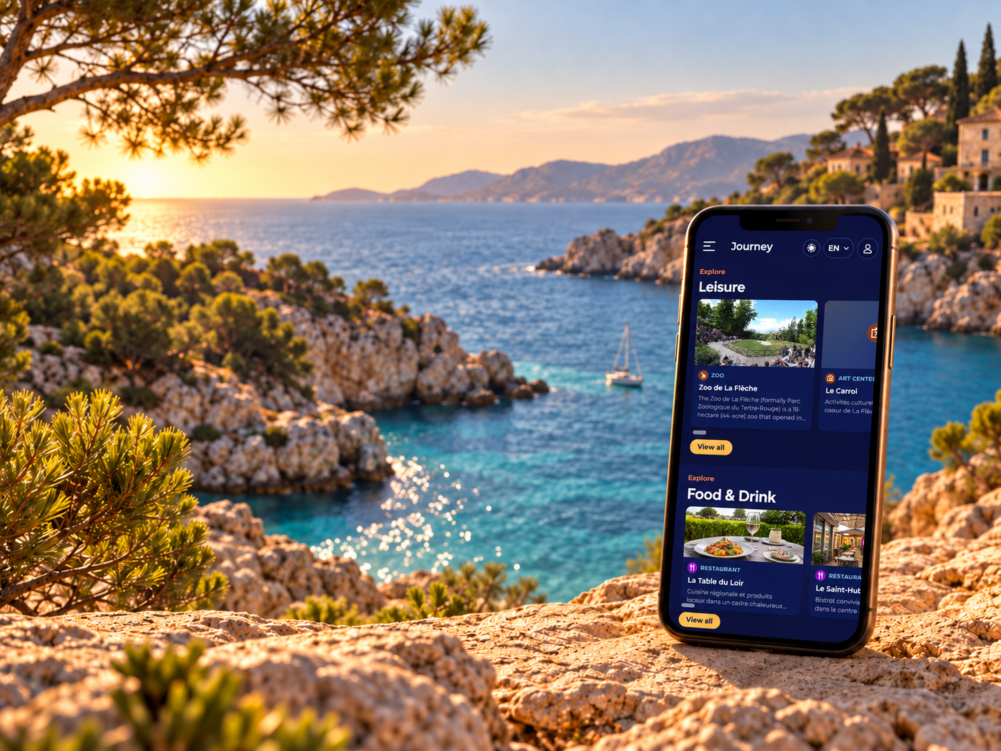 Journey sur mobile devant une crique méditerranéenne